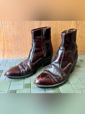 Vintage Mexican Leather Burgundy Contrast Stitch Saddle Vamp Western Boots - 9D